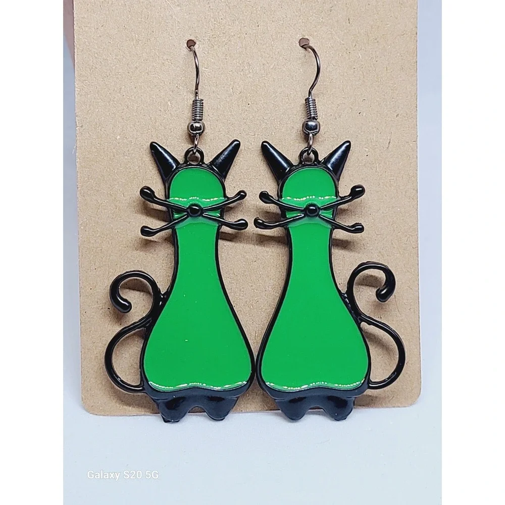 Green Enamel Black Cat Drop Earrings Whimsical Mid Century Modern Style Feline